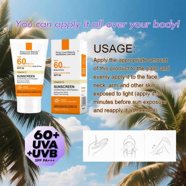 150g/5.29oz SPF60 PA+++ Vitamin C Sunscreen with 60% Vitamin C, High Quality (100 Minutes), Non-Greasy Lightweight Formula, Soothes & Hydrates, Hypoallergenic for All Light Beige Types, Broad Spectrum A/UVB Protection, Antioxidant-Rich Summer Essential - Image 3