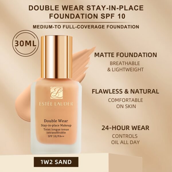 Double Wear Stay-in-Place Makeup 10 1W2 SAND - 1 FL.OZ./ 30ML, Oil-Friendly, Medium Coverage, Hydrating Formula for Oily Skin, Natural Look, Stay-in-Place Effect - Image 4