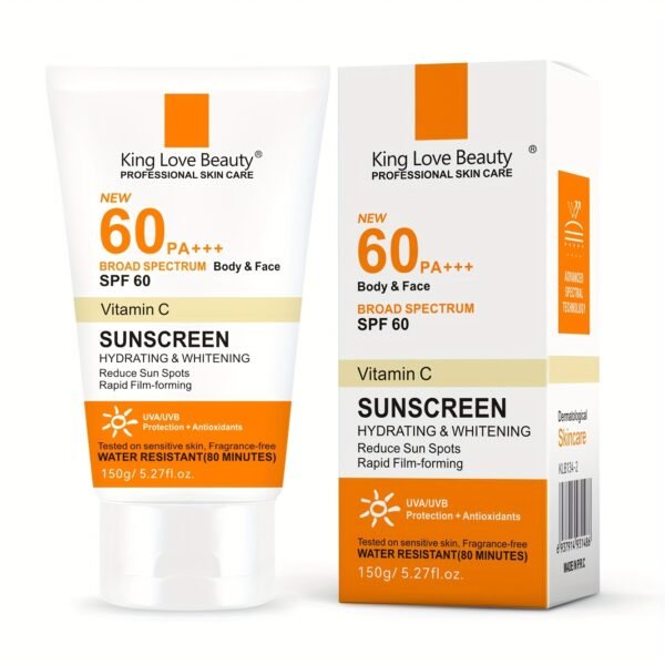 150g/5.29oz SPF60 PA+++ Vitamin C Sunscreen with 60% Vitamin C, High Quality (100 Minutes), Non-Greasy Lightweight Formula, Soothes & Hydrates, Hypoallergenic for All Light Beige Types, Broad Spectrum A/UVB Protection, Antioxidant-Rich Summer Essential