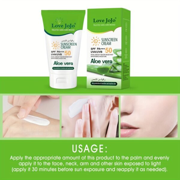 120ml LoveJoJo Aloe Vera SPF50 PA+++ Whitening Sunscreen with B Protection, Non-Greasy Moisturizing Formula, Soothing & Non-Irritating for All Light Beige Types, Men & Women, Sunblock Lotion, Daily Facial Protection, Clean Packaging Design, Hypoallergenic - Image 4