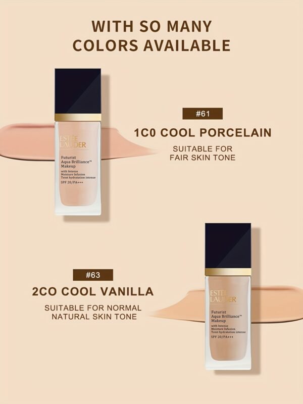 Estée Lauder Futurist Aqua Brilliance Makeup Foundation - 2C0 Cool Vanilla, 1fl.oz./30ml, Lightweight Matte Finish, Long-Lasting Hydration & Oil Control for Dry Skin, Natural Look Liquid Foundation - Image 17